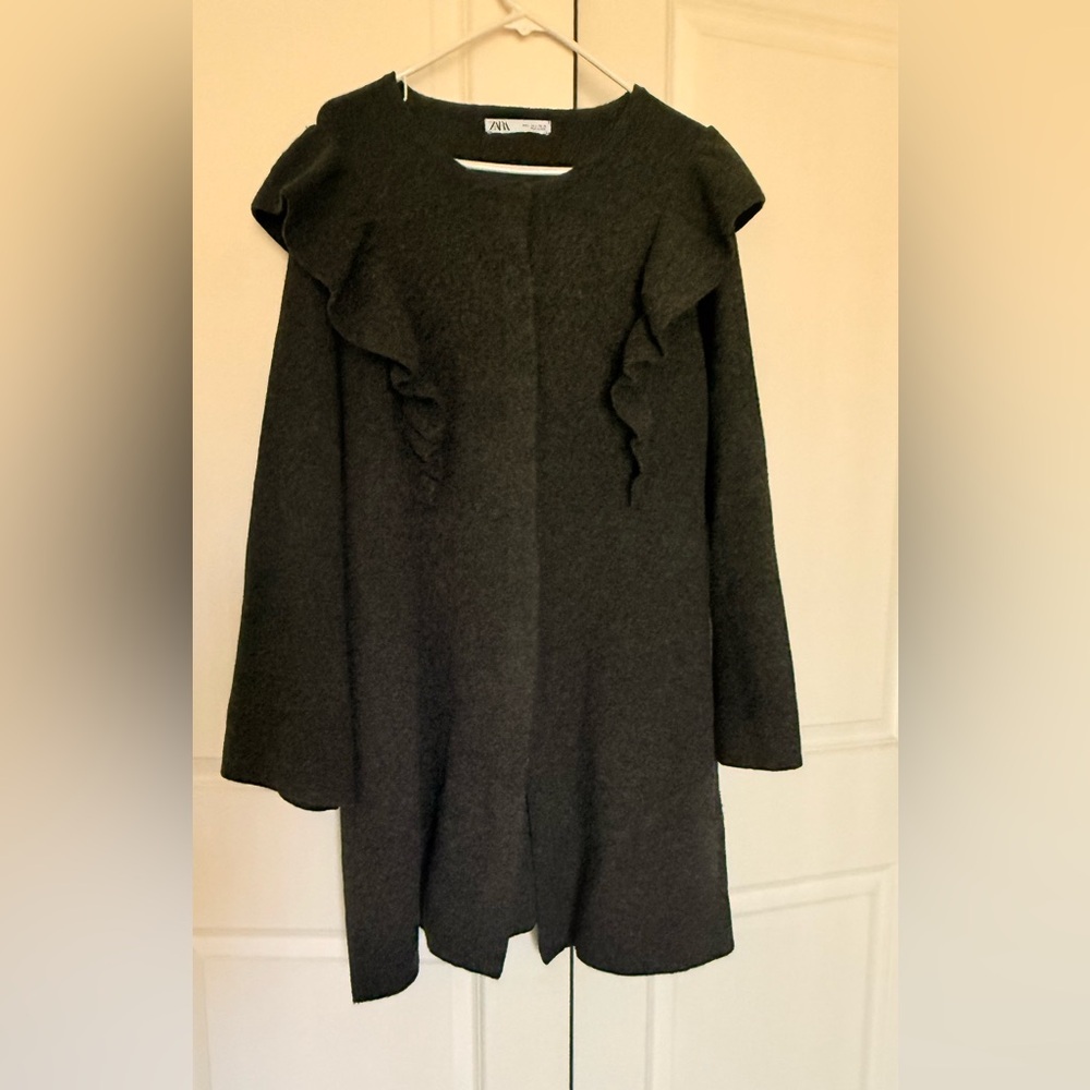 Zara Black Women's  knit coat with Ruffle Detail